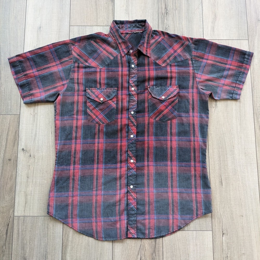 Vintage Plaid Western Shirt Men's Large Black Red Pearl Snap Cowboy Distressed